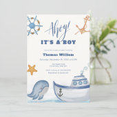 Ahoy It's A Boy Whale Sailboat Baby Shower 招待状 (スタンド正面)