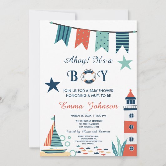 Ahoy It's A Boy White 航海の Baby Shower 招待状 (正面)