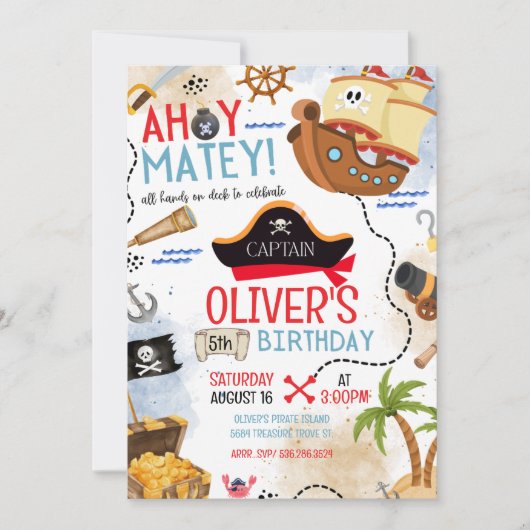 Ahoy Matey Pirate Birthday Invitation Kids Pirate  招待状 (正面)