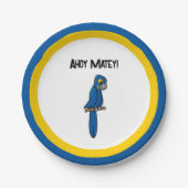 Ahoy Matey Pirate Parrot Cartoon, Funny Macaw Bird ペーパープレート (正面)