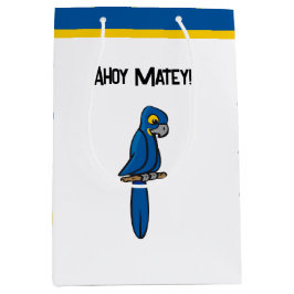 Ahoy Matey Pirate Parrot Cartoon, Funny Macaw Bird ミディアムペーパーバッグ