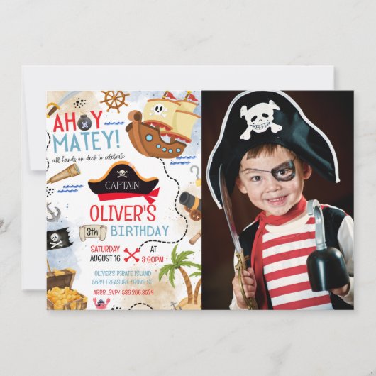 Ahoy Matey Pirate Photo Birthday Invitation 招待状 (正面)