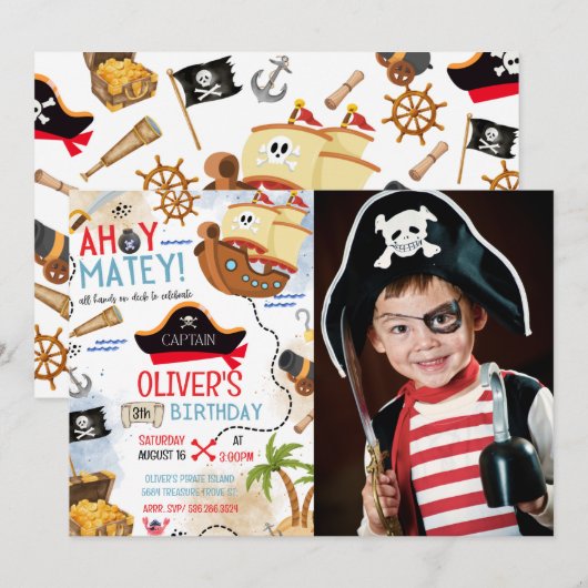Ahoy Matey Pirate Photo Birthday Invitation 招待状 (正面/裏面)