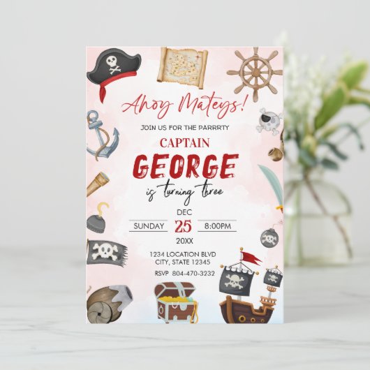 Ahoy mateys pirate Boy birthday  Invitation 招待状 (スタンド正面)