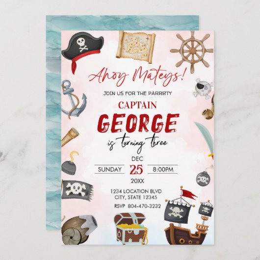 Ahoy mateys pirate Boy birthday  Invitation 招待状 (正面/裏面)