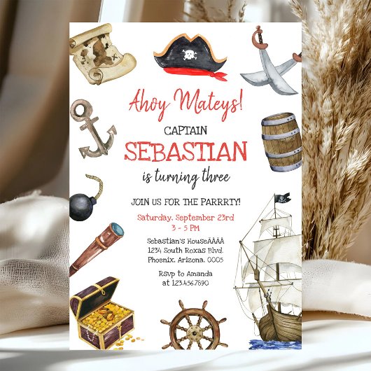 Ahoy Mateys Pirate Boy Kids Birthday Invitation 招待状
