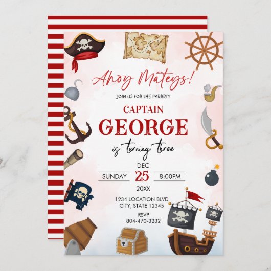 Ahoy pirate Boy birthday Invitation 招待状 (正面/裏面)