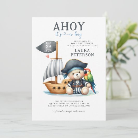 Ahoy Teddy Bear海賊セーラーボーイ赤ちゃんシャワー 招待状 (スタンド正面)