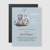 Ahoy teddy bear boyセーラーラグジュアリーベビーシャワー マグネット招待状 (正面/裏面)