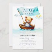 Ahoy Teddy Bear Waves Boat Cute Boy Baby Shower 招待状 (正面)