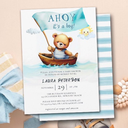 Ahoy Teddy Bear Waves Boat Cute Boy Baby Shower 招待状