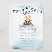 Ahoy Teddy Bear Waves Boat Helm Boy Baby Shower 招待状 (正面)