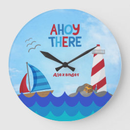 "Ahoy There" 引用 ナウティカル ボート ライトハウス 海賊 ラージ壁時計