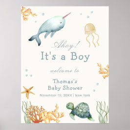Ahoy Under The Sea Whale Boy Baby Shower Welcome ポスター