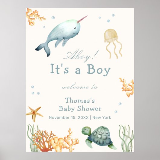 Ahoy Under The Sea Whale Boy Baby Shower Welcome ポスター (正面)