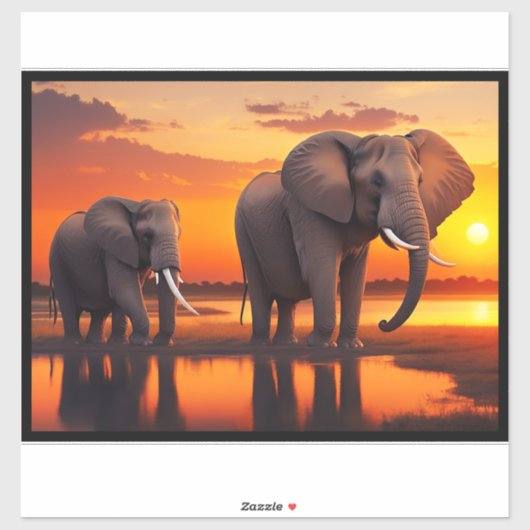 AIがアートを生み出し、2頭のゾウが夕暮れ シール (シート)