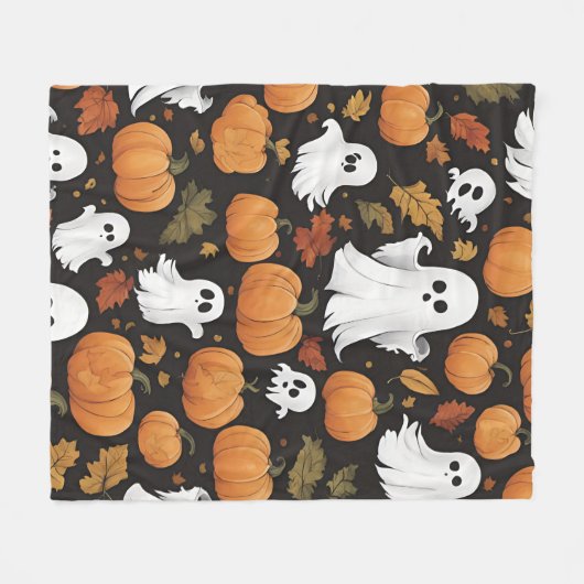 AIで生成された幽霊とカボチャハロウィーン フリースブランケット (正面(横))