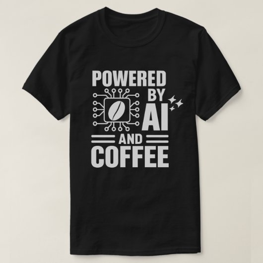 AIとコーヒーシャツで動く | ギークテックユーモア Tシャツ (デザイン正面)
