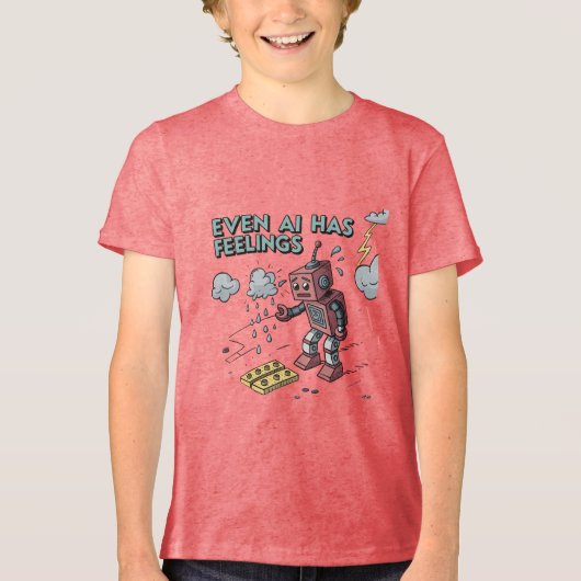 AIにも感覚がある – おもしろい Sad Robotレトロ技術 トライブレンドTシャツ (正面)