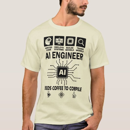 AIエンジニアがコンパイルするにはコーヒーが必要な面白いデザイン Tシャツ (正面)