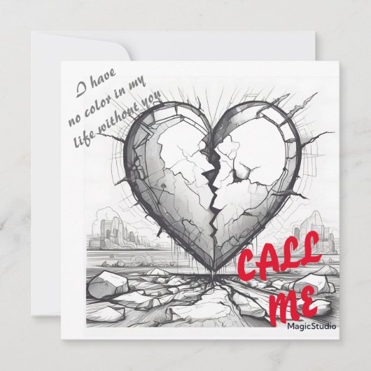 AIダウンロード可能な白黒の壊れたハートカード 招待状 (正面)