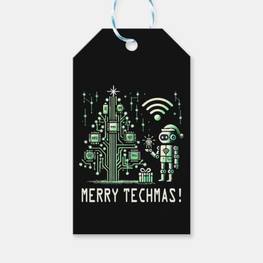 AIロボットとTech Christmas Tree – テクチメリーマス ギフトタグ (正面)