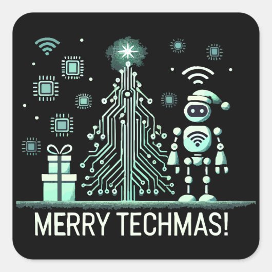 AIロボットとTech Christmas Tree – テクチメリーマス スクエアシール (正面)