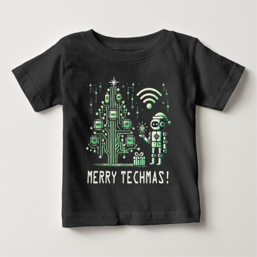 AIロボットとTech Christmas Tree – テクチメリーマス ベビーTシャツ (正面)