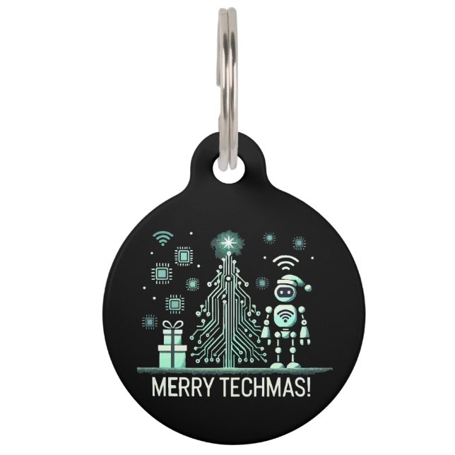 AIロボットとTech Christmas Tree – テクチメリーマス ペット　ネームタグ (正面)