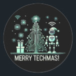 AIロボットとTech Christmas Tree – テクチメリーマス ラウンドシール<br><div class="desc">テク祝クのツイストで休日！このデザインは、回路とチップで作られた未来的なクリスマスツリーの隣に立っているAIを使ったロボットを特徴としている。テクノロジー愛好家や、休暇の精神と最先端のテクノロジーを融合させるのが好きな人に最適。</div>
