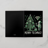 AIロボットとTech Christmas Tree – テクチメリーマス 箔グリーティングカード (外側レイダウン)