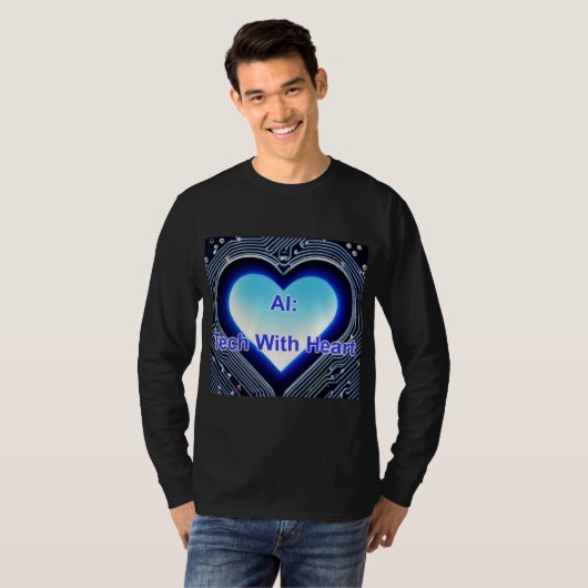 AI: 心を込めたテクノロジー メンズ 長袖 ブラック Tシャツ (正面フル)