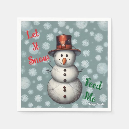 AI Snowman Let it Snow Feed Me Holiday Napkins スタンダードカクテルナプキン (正面)