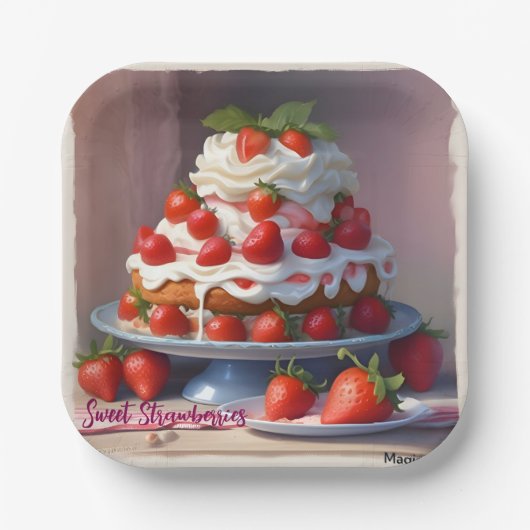 AI Sweet Strawberries Square Paper Plate ペーパープレート (正面)