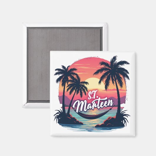 Aimant St. Marteen – Coucher de soleil et hamac tr マグネット (正面/裏面)
