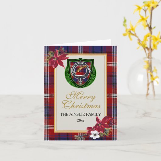 Ainslie Scottish Clan Tartan & Crest カード (黄色い花)