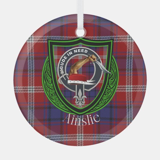 Ainslie Scottish Clan Tartan & Crest ガラスオーナメント (正面)