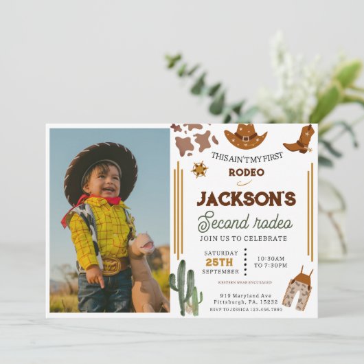 Ain't My First Rodeo Cowboy photo 2nd Birthday 招待状 (スタンド正面)