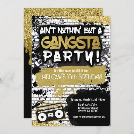 Aint Nothin 'しかしギャングパーティーヒップホップ誕生日 招待状 (正面/裏面)