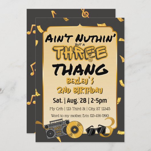 Aint' Nuthin' but a 3 Thang 3rd Birthday 招待状 (正面/裏面)