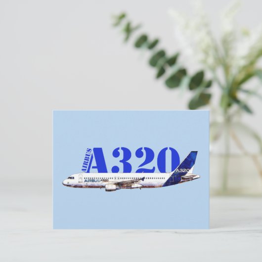 Airbus A320航空機の水色スケッチプロファイル ポストカード (スタンド正面)
