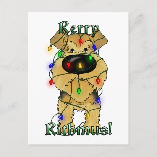 Airedaleテリアのクリスマスの照明 シーズンポストカード (正面)