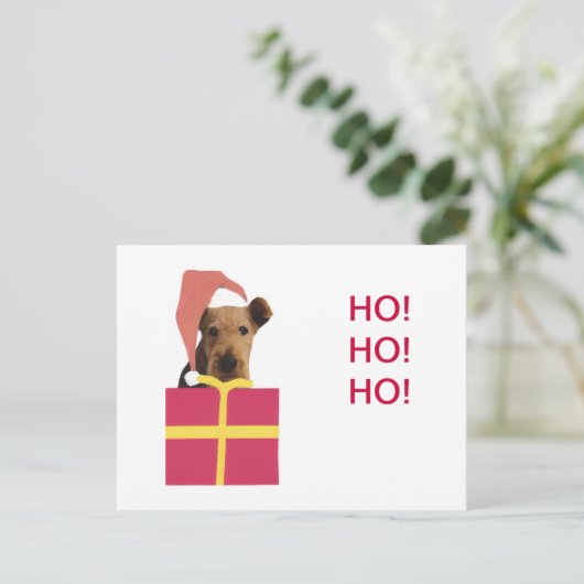 Airedaleテリアのサンタの帽子のギフト用の箱 シーズンポストカード (スタンド正面)