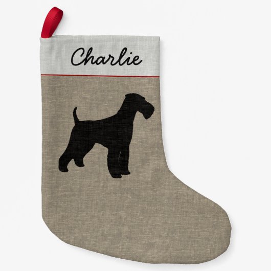 Airedaleテリアのシルエットパーソナライズな犬のクリスマス スモールクリスマスストッキング (正面)
