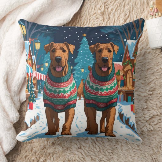 Airedale Dogs Christmas Snow Holiday クッション (ブランケット)