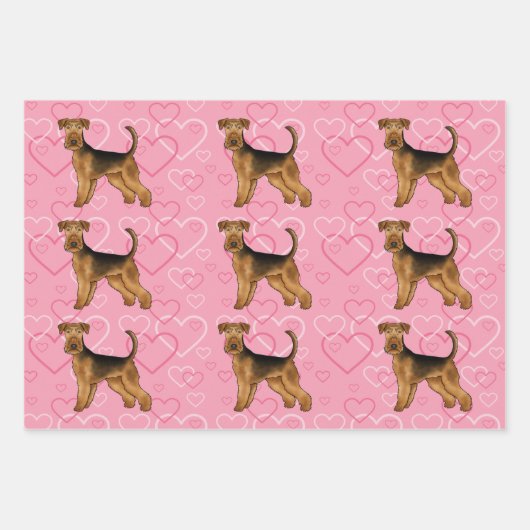 Airedale Terrierかわいい犬の愛とピンクのハート ラッピングペーパーシート (正面3)