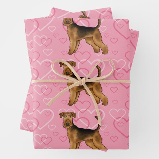 Airedale Terrierかわいい犬の愛とピンクのハート ラッピングペーパーシート (インサイチュ)