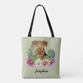 Airedale Terrierと夏カラフルの花が緑 トートバッグ (裏面)