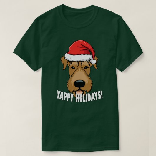 Airedale Terrierクリスマスドッグラバーパピーサンタ Tシャツ (デザイン正面)