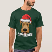 Airedale Terrierクリスマスドッグラバーパピーサンタ Tシャツ (正面)